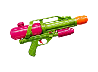 A vibrant green plastic water gun and pink orange detail with a futuristic