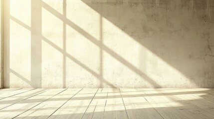 Sunlit interior with shadows cast on a textured wall and wooden floor, creating a serene atmosphere