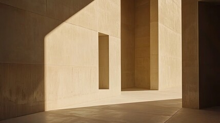 Minimalist architectural interior with warm lighting highlighting textured walls and shadows