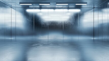 Empty modern metallic room with reflective surfaces and soft lighting, ideal for futuristic settings