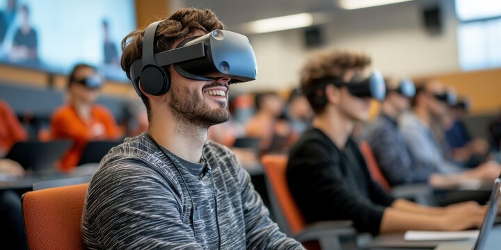 A group of students engages in virtual reality learning in a modern classroom setting, showcasing technology in education.