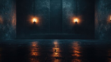 Dark, atmospheric room with flickering torches illuminating stone walls and reflective floor