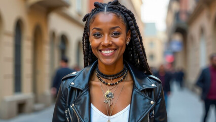 Fototapeta premium A young girl rock star stands on the street, smiling, with a daring but attractive look. Long dreadlocks and a leather jacket highlight her rebellious style.