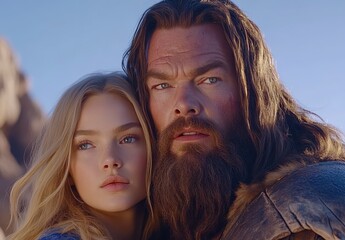 Fototapeta premium Close up portrait of a man and a woman with long blond hair, close together, natural light, outdoors, desert like landscape in the background