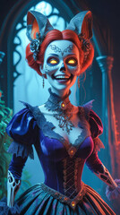 A woman in a gothic outfit stands in a gloomy, mysterious atmosphere. Her face resembles a skull, and her bright, glowing eyes convey a play of emotions.