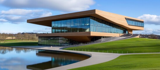 Obraz premium Modern Building with Blue Glass Windows Reflecting Sky and Clouds
