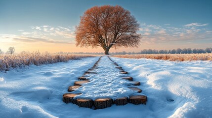 Serene winter landscape featuring a solitary tree and a pathway of wooden logs in snow
