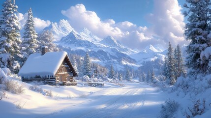Cozy wooden cabin in a snowy landscape with majestic mountains and a clear blue sky