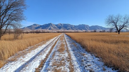 Snow-covered road leading through golden fields towards majestic mountains under a clear blue sky