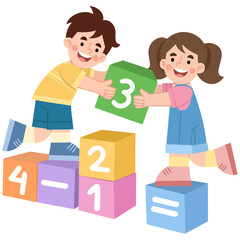 Illustration of boy and girl playing with number blocks
