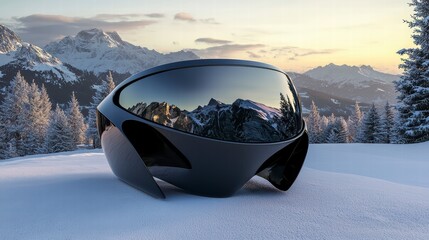 Futuristic Ski Goggles in Snowy Alps: Sleek, black, futuristic ski goggles reflect the majestic snow-capped Alps at sunset, a perfect blend of technology and breathtaking nature.