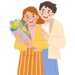 Illustration of a happy couple with a bouquet of flowers