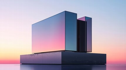 Reflective Sunset Pavilion: A minimalist architectural rendering of a sleek, rectangular pavilion reflecting a vibrant sunset. The structure sits on a low platform.