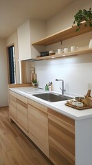 Fototapeta premium A light and airy Japandi kitchen with clean lines, wooden elements, and a white frame above the counter.