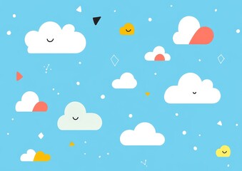 Obraz premium Cute cartoon clouds on a light blue background with colorful shapes and dots.