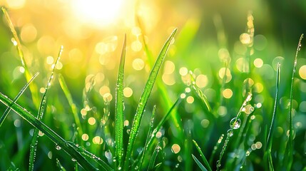 Fototapeta premium Dewdrops on Grass at Sunrise