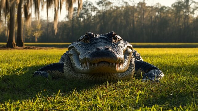 Alligator resting in grassy field, cypress trees in background.  Possible use for nature, wildlife, or travel posters