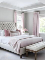 Fototapeta premium A light gray and blush combination bedroom with an elegant white frame.