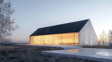 Fototapeta premium Modern Barn House at Dusk: A sleek, contemporary barn-style house with expansive glass windows illuminates warmly against the backdrop of a serene dusk landscape.