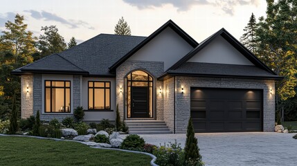 Modern Dream Home at Dusk: A stunning modern house with gray brick exterior, black accents, and large windows, illuminated at twilight, sits majestically on a well-manicured lawn.