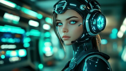 Close up portrait of a futuristic woman wearing advanced cybernetic helmet and headset, glowing turquoise accents.  Cyberpunk style, technology