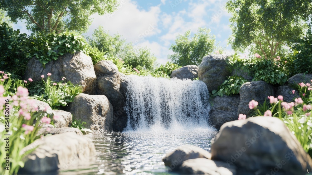 Aufkleber tranquil waterfall cascading over rocks into a serene pond surrounded by lush greenery and colorful 