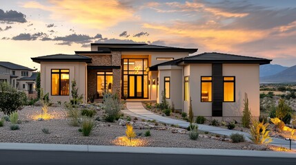 Modern Desert Dream Home: A stunning contemporary house nestled in a desert landscape, bathed in the warm glow of the setting sun. Clean lines, large windows.