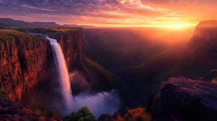 Obraz premium Majestic waterfall sunset, canyon landscape, vibrant sky, nature photography, travel