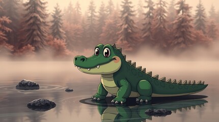 Naklejka premium Adorable Cartoon Crocodile in a River Forest