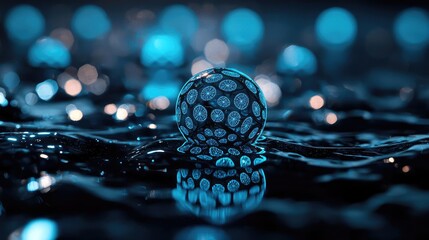 Climate impact microscopic idea. Abstract blue water sphere reflecting light and patterns in a tranquil liquid environment.