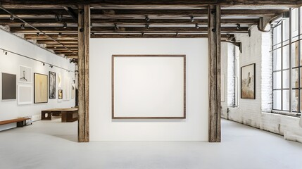 Fototapeta premium A loft-style art gallery with exposed beams, neutral tones, and a framed blank canvas.