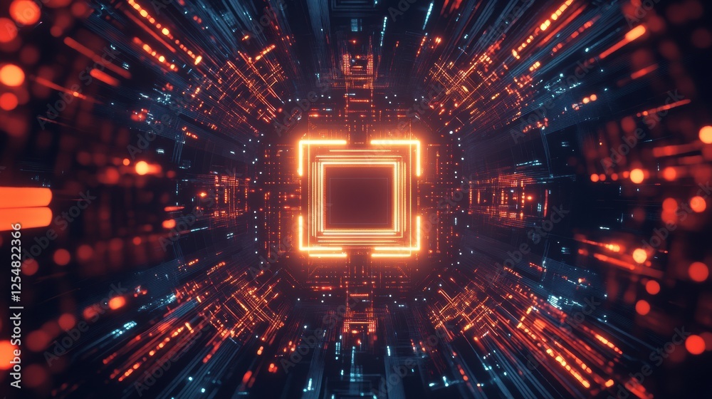 Poster Exploring the intricate design of a microchip with glowing circuits and vibrant colors in a futuristic digital environment. Generative AI