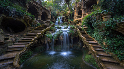 Serene waterfall cascading down ancient stone steps surrounded by lush greenery in a mystical garden