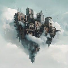 Fototapeta premium A lost floating city in the sky, its buildings broken and drifting among the clouds.