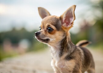 Obraz premium Adorable Chihuahua puppy portrait: captivating eyes, fluffy fur, tiny paws, perfect photoshoot.