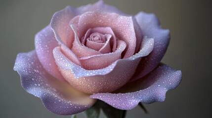Soft petals glisten with morning dew in a pastel-hued rose displaying nature's delicate beauty