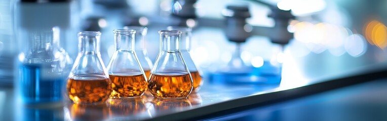 Laboratory glassware with various liquids.