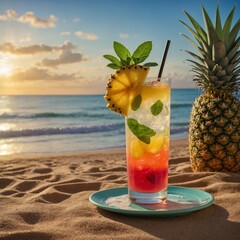 Refreshing Summer Drinks &ndash; "Create an image of a tropical fruit mocktail in a tall glass, garnished with fresh mint, a pineapple wedge, and a colorful paper umbrella, set against a beach sunset backdr