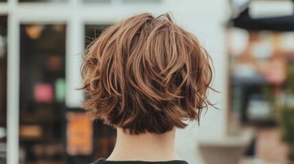 Woman's short curly hair, city street background, lifestyle