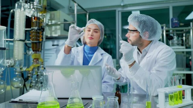 Science, cannabis and scientist with plant in laboratory for research, biology and study medicine. Healthcare, agriculture and men with weed or marijuana leaf for medical treatment, drugs or analysis
