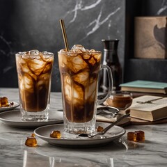Iced Coffee Perfection &ndash; "Show a glass of iced caramel macchiato with swirling caramel drizzle and ice cubes, with condensation on the glass, placed on a marble caf&eacute; table with a book and a pair of su