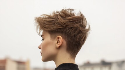 Woman's short hairstyle, profile view, city background, hair fashion