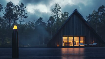 Fototapeta premium A-Frame Cabin in the Mist: An enchanting A-frame cabin bathed in the warm glow of interior lights stands alone in a misty forest at twilight. The sleek.