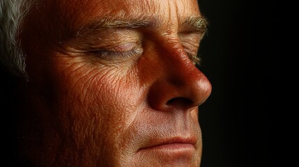 Obraz premium Closeup portrait of a person with glitter on their skin, dark background, detailed skin texture, golden glitter, neutral facial expression, soft