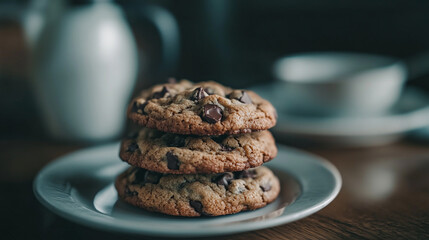 Fototapeta premium Freshly baked chocolate chip cookies stacked on a white plate in a cozy café setting