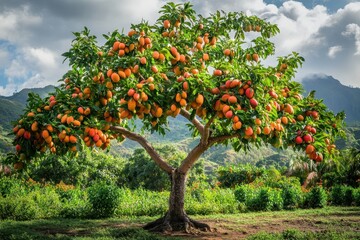 Fototapeta premium Lush mango tree laden with ripe fruit, scenic backdrop. Perfect for illustrating abundance, harvest, or tropical themes.