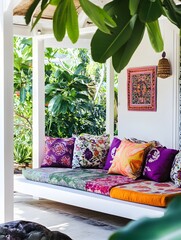 A low-slung, nature-inspired sitting area with colorful cushions and a white frame.