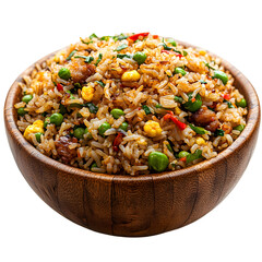 Fried Rice with Vegetables in Wooden Bowl, isolated on white background.