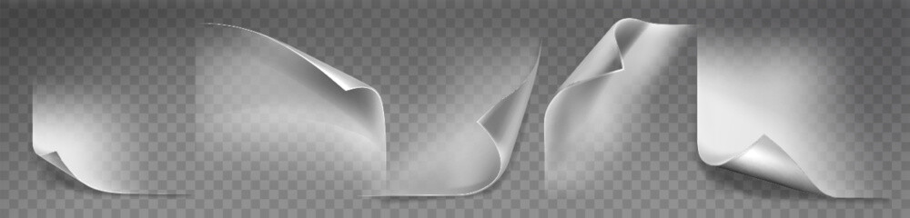 Paper corner fold set on transparent backdrop - curled white sheet edges with realistic shadow effects and various bending angles. Flexible material for document, page curl, or sticker design.