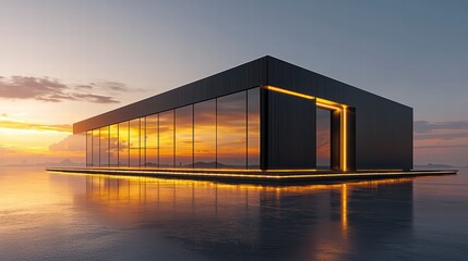 Fototapeta premium Sunset Reflection: A modern, minimalist floating house with large glass windows reflects the vibrant colors of a breathtaking sunset. The sleek, black structure is illuminated by warm.